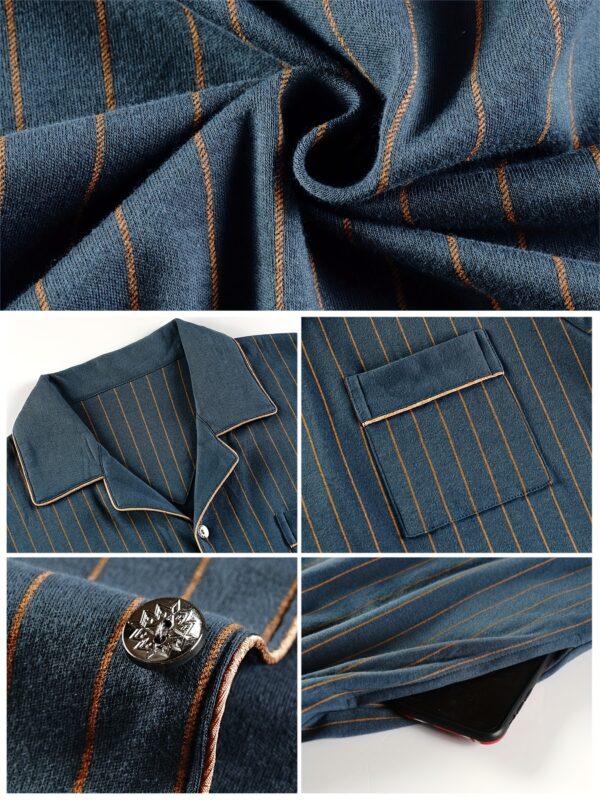 2 Pcs Men's Simple Navy Blue Stripe Print Lapel Collar Short Sleeve & Trousers Cotton Pajama Set, Comfortable & Skin-friendly Style Pajamas For Men's Cozy Loungewear - Image 7