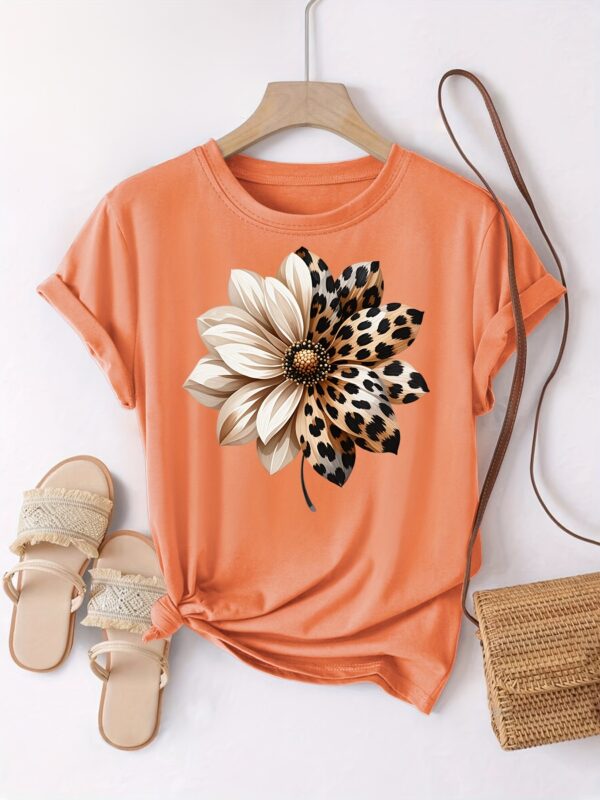 Women's Casual Short Sleeve T-Shirt - Floral & Leopard Print Round Neck Top, Breathable Spring Summer Blouse with Relaxed Fit, Hand Washable for Casual Attire, Short Sleeve Blouse, Comfortable Tee, Neutral Tone Top, Durable Casualwear