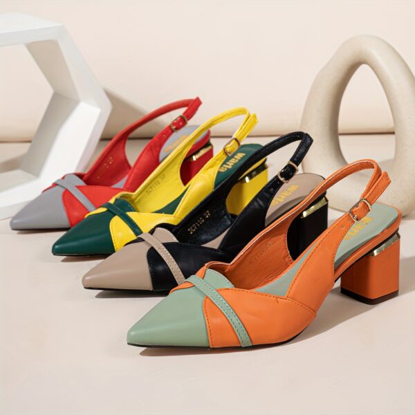 Women'S Classic Color-Block Pointed-Toe Mid-Heel Pumps with Ankle Strap - Comfortable Synthetic Cover Dress Shoes in Vibrant Colors (Red, Yellow, Green, Black, Orange, Teal) for All-Season Formal & Casual Wear, Versatile Heel Style, Durable Rubber Sole