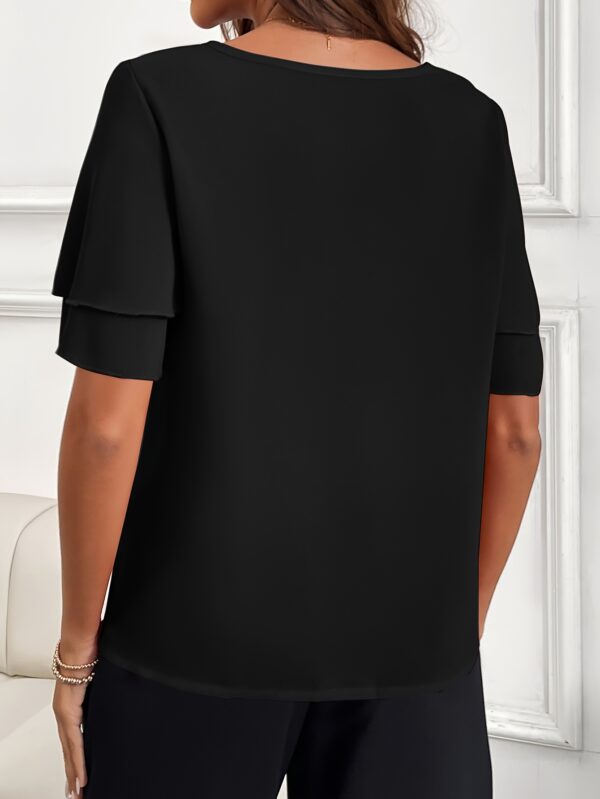 Solid Color Keyhole Blouse, Elegant Crew Neck Short Sleeve Top For Spring & Summer, Women's Clothing - Image 8