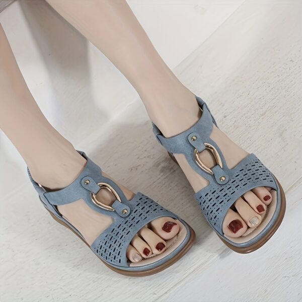 Women's Summer Wedge Heel Comfort Sandals - Metal Buckle, Perforated, Elastic Ankle Strap, Breathable, Daily Commute & Walking - Image 11