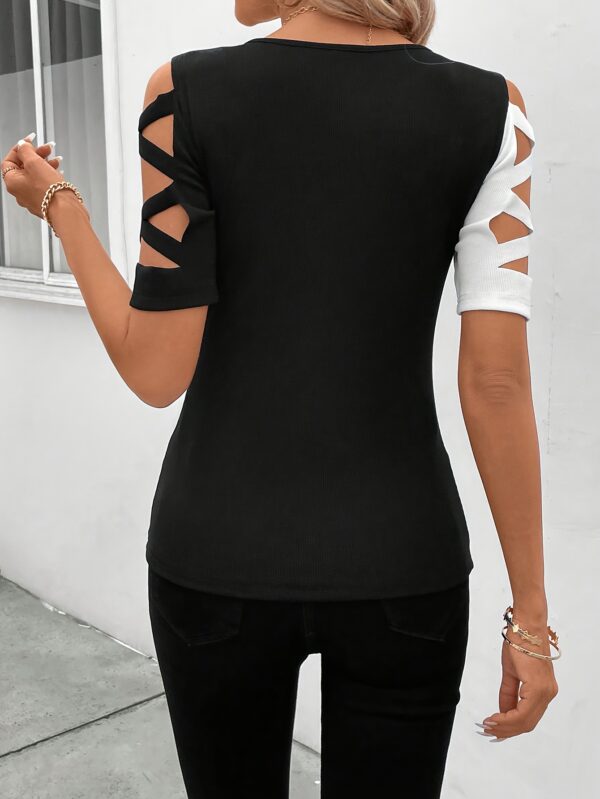 Elegant Ribbed Crop Top Blouse for Women - Chic Black & White Geometric Cut-Out Design, Short Sleeve, Polyester, Perfect for Casual Spring/Summer Outfits, Ladies Blouse - Image 2