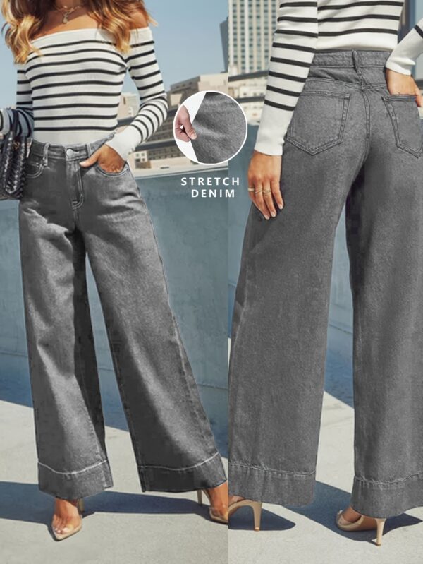Women'S High Stretch Denim Wide Leg Jeans - Elegant Blue Washed Straight Leg, Mid Rise Comfort Trousers with Button Fly, Soft Breathable Fabric, Versatile Casual & Mature Style, Straight Leg Cut, Long Length Jeans | Classic Blue | High Elasticity Fabri - Image 4