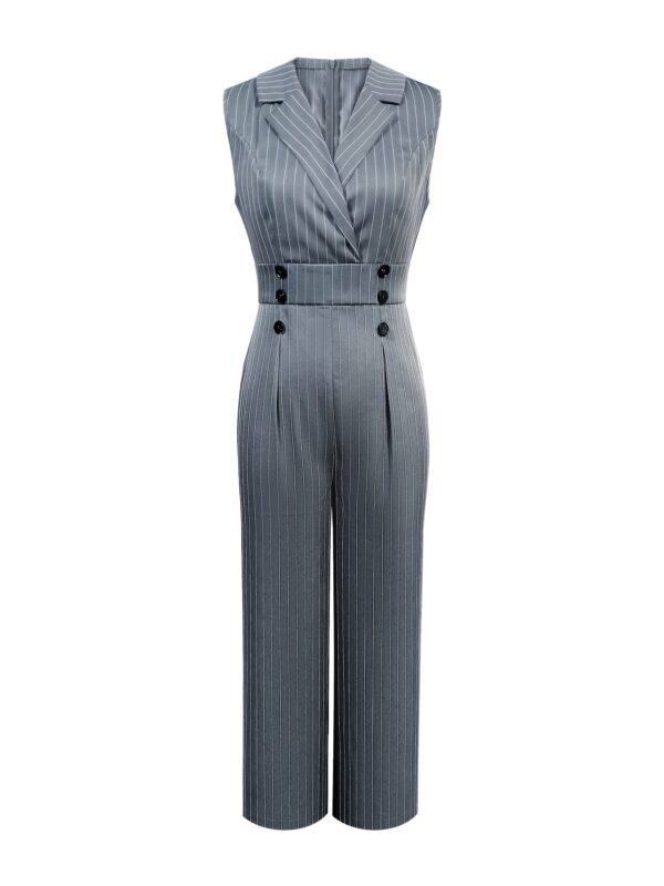 Elegant Striped Women'S Jumpsuit - Chic Criss Cross Neck, Button Detail, Long Sleeve, Straight Leg, Gray & White Pinstripe Pattern, Perfect for Summer Commute or Casual Outfits, Elegant Attire | Crisscross Neckline | Tailored Fit Jumpsui - Image 7