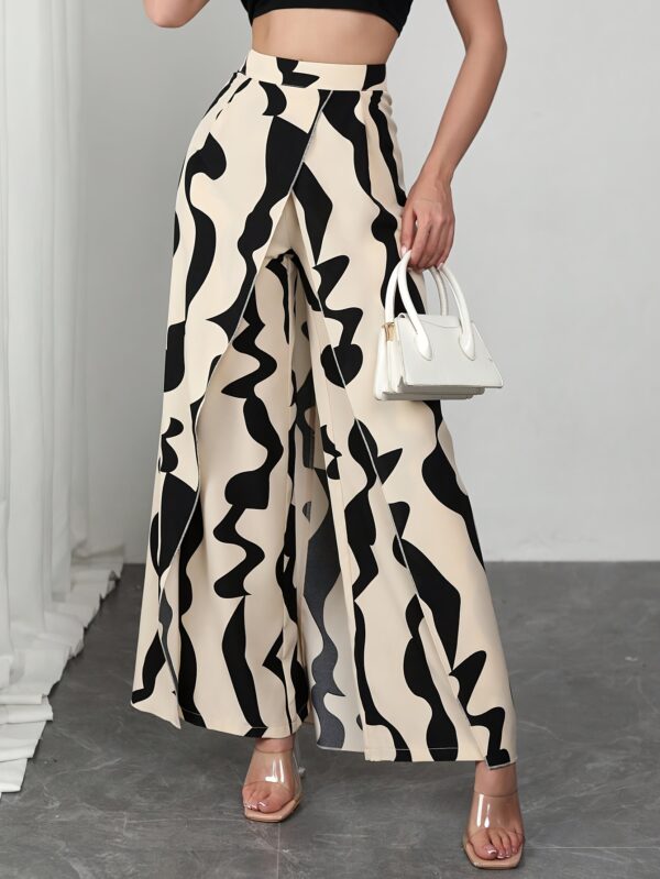 Women's Wide-Leg Pants with Asymmetrical Geometric Print - Black & White Abstract Design, Machine Washable, Spring Summer Fall Elegant Trousers for Casual & Formal Wear