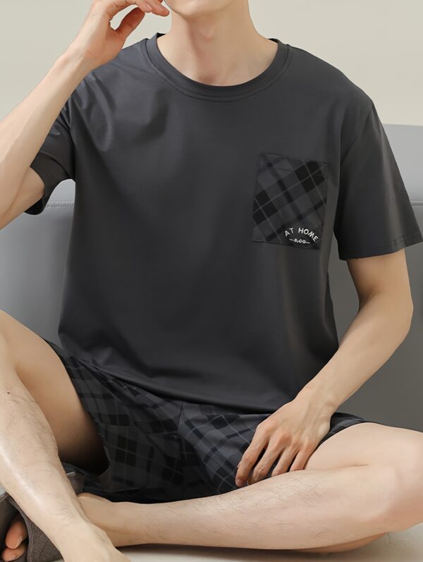 2pcs Men's high-end plaid pocket round neck short-sleeved and plaid shorts pajama set, comfortable and Light Beige-friendly, suitable for Men's casual home - Image 10