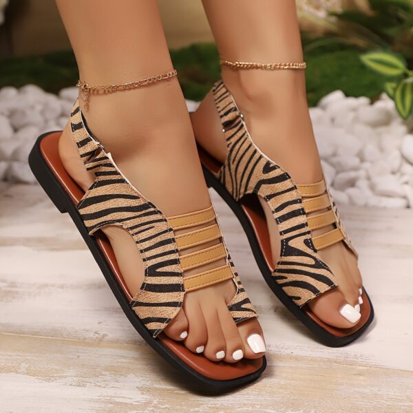 Women's Leopard Print Flat Sandals - Casual Square Toe with Elastic Strap, Magic Tape Closure, Faux Cover Upper & Rubber Sole, Brown Spots Design, Comfortable for Casual Attire, Strappy Sandals - Image 7