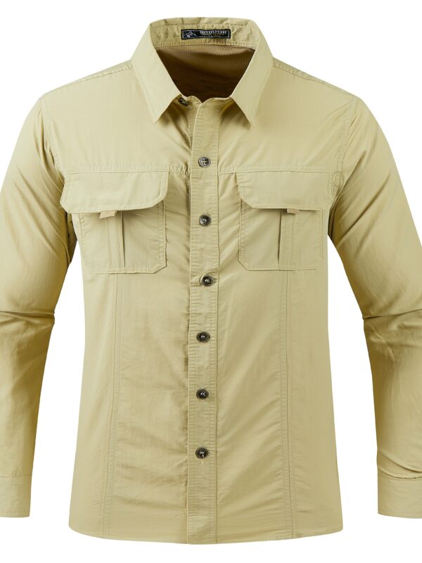 Men's Quick-Dry Shirt - Beige Button-Up Formal & casual shirt with Button Front Placket, Long Sleeve Non-Sticky Fabric for Office, Outdoor, Gym, Travel - Easy-Care Button-Up Blouse for Everyday & Formal Events, Outdoor Clothing, Classic Collared Design, Nonelastic Textile