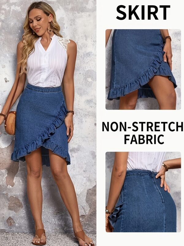Women's Denim Skirt - Non-Stretch Mid-Length Asymmetrical Hem with Ruffled Detail, Mid-Rise Elastic Waist, Machine Washable Casual to Dressy Skirt for Spring Summer Fall, Jean Skirts