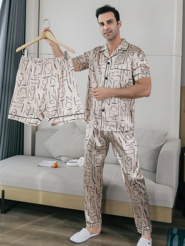 Men'S Summer Sleepwear Set with Short Sleeves, Shorts, And Long Pants, Featuring a Thin Fabric And Letter Print Design, Includes a Cardigan.