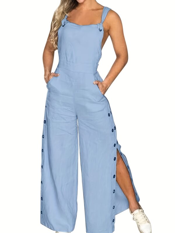 Women'S Light Blue Sleeveless Wide-Leg Jumpsuit with Side Pockets & Adjustable Straps - Casual Y2K Style, Button-Up Design, Perfect for Spring/Summer/Fall, Ladies Jumpsuits, Casual Attire, Side Pocket Jumpsuit, Comfortable Fit - Image 2