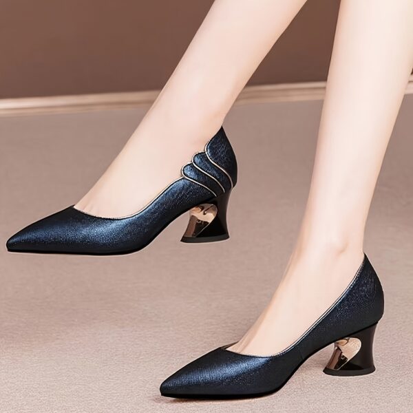 Women's Deep Blue Pointed-Toe Mid-Heel Pumps - Elegant Fabric Upper with Golden Accents, Comfortable Rubber Sole & Synthetic Cover Lining for Autumn Office & Formal Events - Image 3