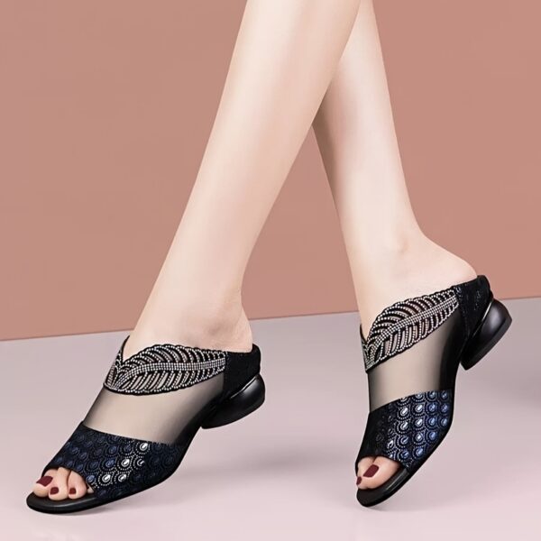 Everyday Comfort, Elegant Women's Summer Fashion Sandals - Open Toe, Comfortable Low Heel Slide Shoes with Sparkling Rhinestone Accents and Breathable Mesh Upper, Perfect for Outdoor Wear, Strappy Sandals - Image 12