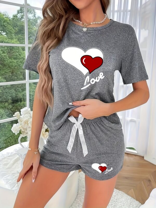 3pcs Women's Spring and Summer Pajama Set - Simple Heart Print Round Neck Short Sleeve Top with Bow Elastic Waist Shorts & Long Pants, Comfortable Casual Home Wear Outfit - Image 16