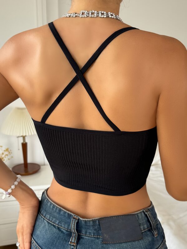 Women'S Sexy Spaghetti Strap Bralette - Soft, Breathable Mesh Panel, Black Ribbed Knit Crop Top with Vertical Stripe Detail, Elegant & Comfortable Lingerie for Adults, Spaghetti Bralette - Image 2