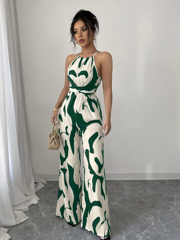Women's Geometric Print Off-Shoulder Jumpsuit - Sleeveless Wide-Leg Beach Vacation Outfit with Back Tie Closure, Machine Washable Spring Summer Fall Casual Elegance Collection, Summer Outfit, Sleeveless Top, Flowy Fabric, Elegant Style - Image 2