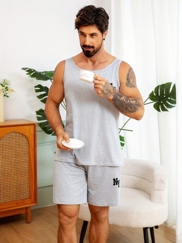 Men's Letter Print Sleeveless Vest Solid Color Shorts Pajama Set - Image 3