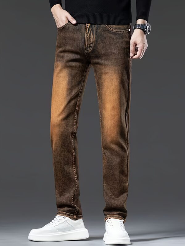 Men's Denim Pants Elastic Simple Denim Long Pants Slimming and Shaping Men's Dark Brown Clothing Multi-Process Men's Pants, Suitable for All Seasons - Image 2
