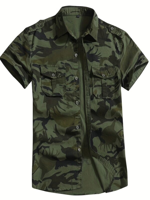 Men's Summer Camo Cotton Shirt - Casual Outdoor Short Sleeve with Chest Pocket, Vintage Style, Non-Stretch Fabric, Plaid Print, Regular Pattern, Military Uniform