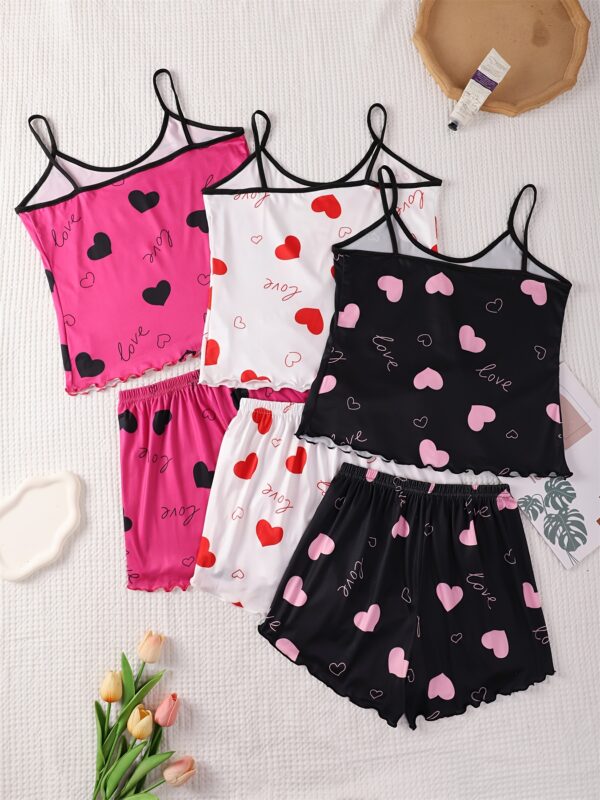 6pcs Women'S Pajama Set, Heart & Love Print, Sexy Spaghetti Strap Top with Shorts, Polyester Knit Fabric, All-Season Sleepwear for Adults - Image 4