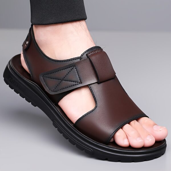 Men's Summer Sandals - Thick Sole Non-Slip Beach Shoes, Soft Casual Fashion Sandals with Adjustable Hook & Loop Strap, Brown Upper & Black Rubber Sole for Everyday Comfort