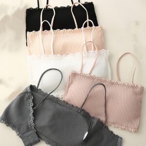 5pcs Set of Removable Padding Bralettes for Women, Medium Support, Solid Color, Casual Style, Polyester 83%, 13%, Spandex 4%, Wireless, Appropriate, Knit Fabric, No Wires