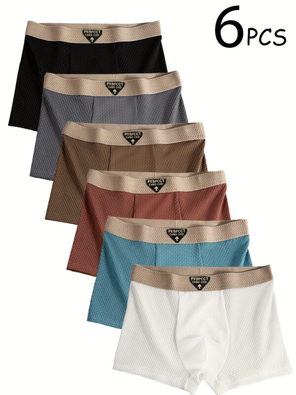 6pcs Men's Summer Boxer Briefs - Breathable Stretch Fabric with Elastic Waistband & Lettered Waistband Print, 6 Colors (Black/Gray/Beige/Blue/White/Brown) - Machine Washable Casual Underwear, Comfortable Undergarments, Stylish Print, Durable Construction, Casual Attire, Daily Essentials, Trendy Underwear, Soft Material, Multipack Underwear, Workwear Essentials