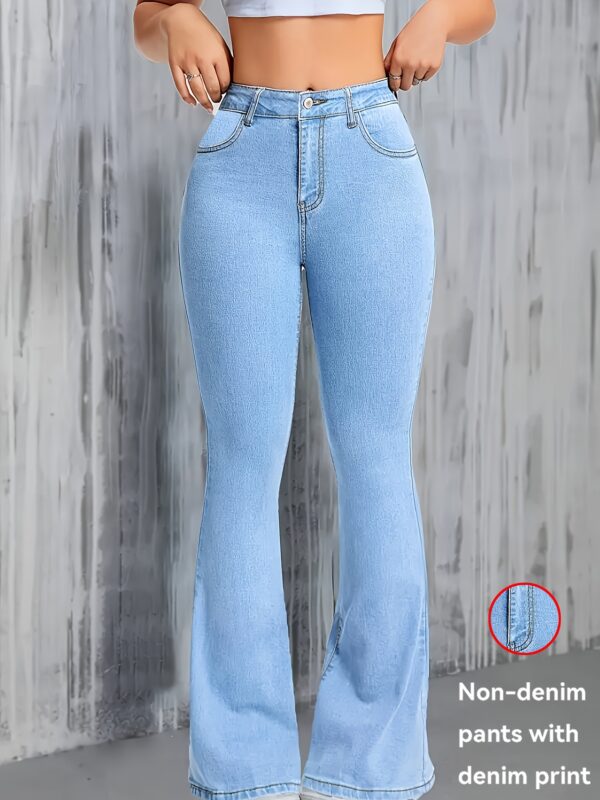 Women's Stretch Flared Imitation Denim Pants - Light Blue Washed Slim-Fit Leggings, Machine-Washable All-Season Comfort, Elegant Flared Leg Design, Non-Transparent & Not Jeans, Comfortable Fashion, Stylish Flared Leggings, Durable Fabric Leggings, Versatile Bottoms, Slim Fit, Highquality Fabric, Trendy Women