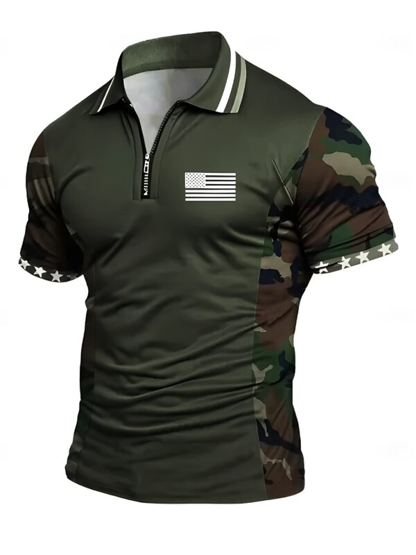 Men'S Patriotic Camouflage & American Flag Shirt - Breathable Summer Short Sleeve, Regular Fit Casual Outdoor Tee with Zipper Collar, Military-Inspired Design, Breathable Fabric