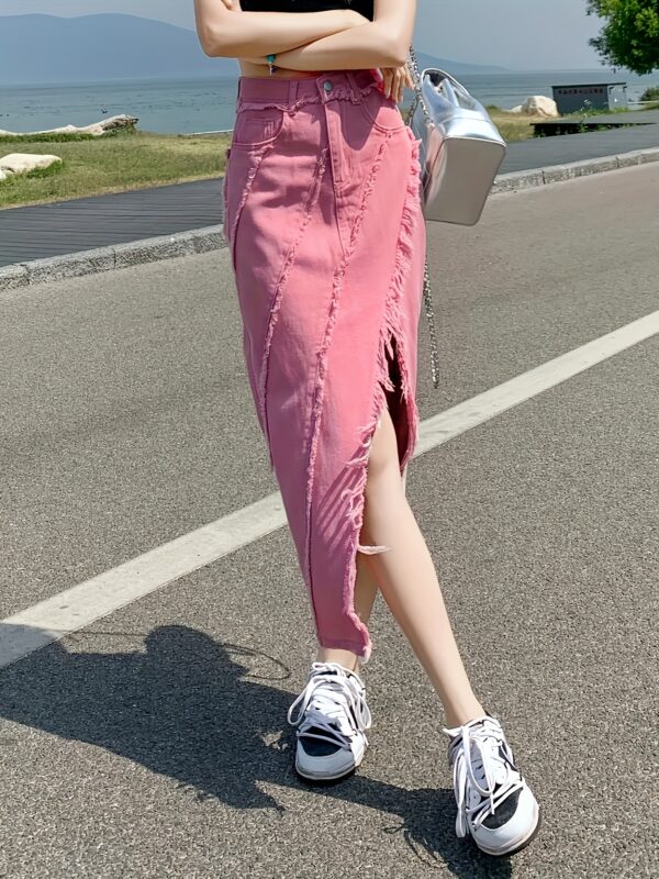 1031 Women's Mid-Length Denim Skirt with Side Slit - Cute Casual Summer Solid Color Button Front & Beltless Design, Machine Washable Regular Fit, Versatile Wardrobe Staple, Trendy Fashion, Quality Stitching, Women