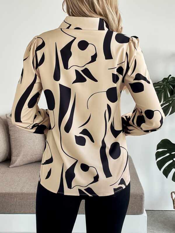 Women's Elegant V-Neck Long Sleeve Blouse - Black & Beige Geometric Print, Machine Washable Regular Fit Shirt for Spring Summer Fall, Office & Casual Wear, Smooth Texture Fabric, Work Attire, Classic Design, Durable Construction, Buttonup Top, Professional Women - Image 3