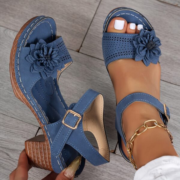 Women’s Floral Wedge Sandals - Peep Toe, Ankle Strap Platform Shoes with 7.62-10.16 cm Heel Brown, Blue & Black - Comfortable Summer Footwear for Casual or Outdoor Wear - Image 10