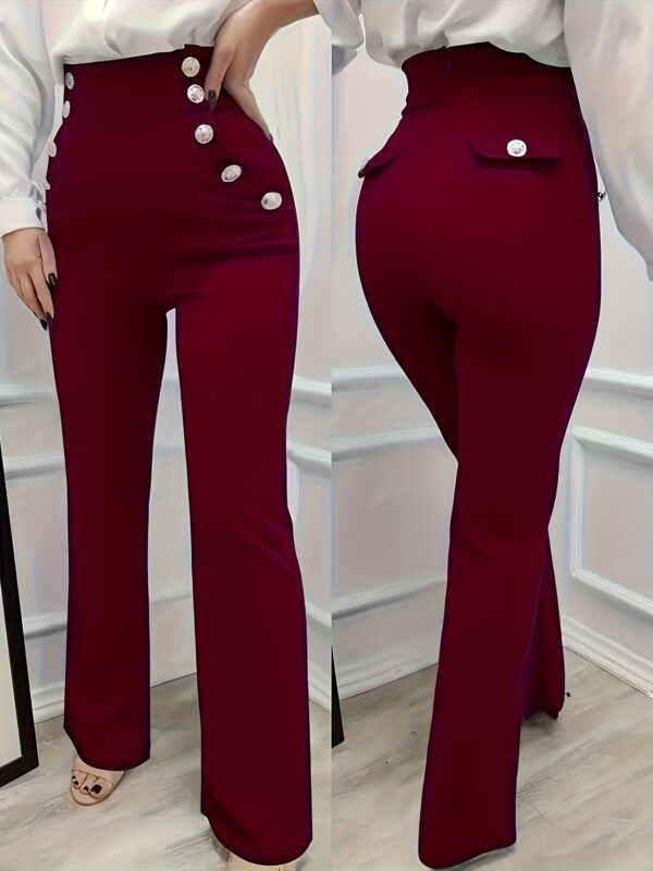 Women's Elegant High-Waisted Wide Leg Pants - Burgundy Trousers with Button Closure, Non-Transparent Fabric for Formal & Everyday Outfits, Machine Washable Year-Round Elegant Legwear, Office Wear, Classic Style, Quality Stitching, Stylish Bottoms, Office Ladies