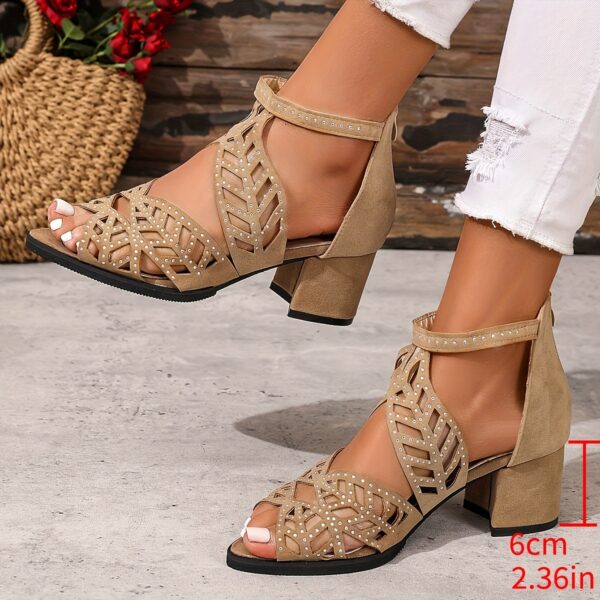 Women's Comfortable Mid-Heel Sandals - Versatile Open-Toe Design with Back Zipper, Chunky Heel & Cut-Out Patterns, Perfect for Hot Summer Days, Black & Beige Options, Durable Rubber Sole, Strappy Sandals - Image 7
