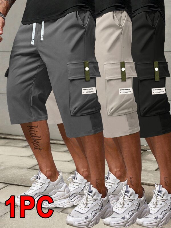 1pc Men's Fashionable and Casual Utility Capri Pants for Summer with Drawstring at the Waist, Large Pockets and Three-quarter pants - Image 3