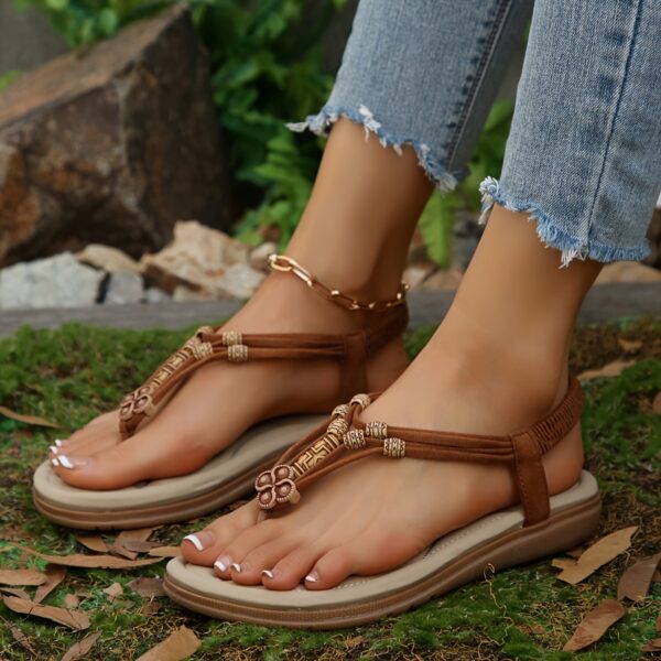 Women's Elegant Boho Chic Flat Sandals - Elastic T-Strap Slippers, Open Toe, White Braided Design, Comfortable for Casual Wear, Strappy Sandals - Image 25
