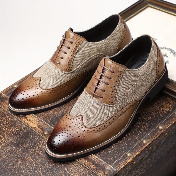 Men'S Vintage Business Casual Shoes - Low-Top Lace-Up Dress Shoes with Pointed Toe, Faux Upper & Inner, Rubber Sole & Insole, Beige & Brown Striped Design for Daily & Professional Wear, Classic Dress Shoes, Fabric Lined Interior