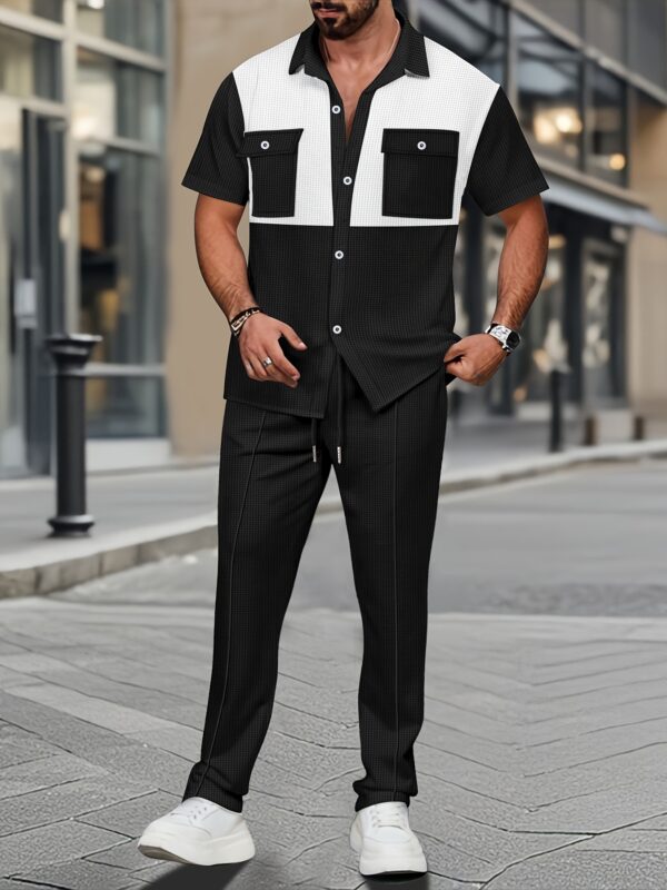 Men's Summer Two-Piece Set, Waffle Fabric Contrast Color with Pockets Short-Sleeved Shirt + Casual Trousers Suit, Leisure Light Business Vacation Daily Multiple Scenes