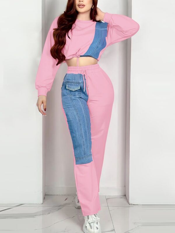 Women'S Casual Patchwork Jumpsuit - Gray & Blue, Long Sleeve, Crew Neck, Pockets, Perfect for Vacation, Outdoor, Home, Dance Party, Holiday Style, Holiday Casual Wear | Trendy Casualwear | Stylish Jumpsuit - Image 4