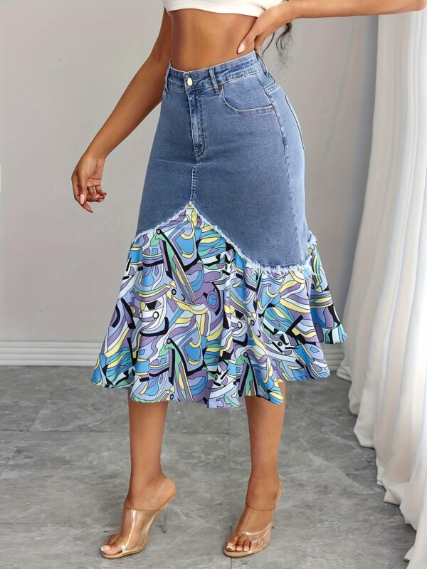 Vintage Stretch Denim Midi Skirt with Chiffon Overlay and Unique Asymmetrical Hem - Mid-Rise, Fishtail Design, Machine Washable - Light Blue to Dark Purple Gradient, Abstract Patterns, Spring/Summer/Fall Women’s Fashion, Fall Casual Wear | Comfortable Midrise - Image 4