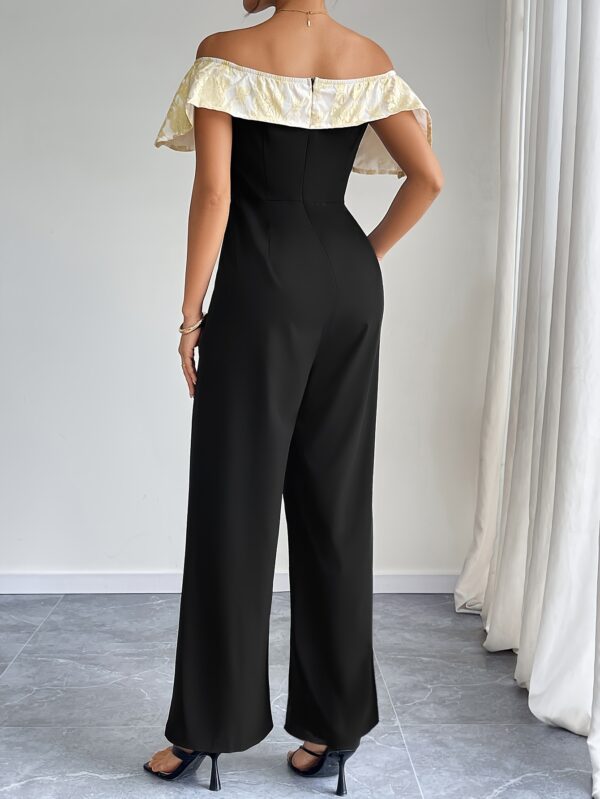 Women'S Elegant Off-Shoulder Jumpsuit with Golden Floral Detail - High-Waisted Wide-Leg Pants, Black & White Contrast, Perfect for Spring/Summer, Adult Fashion, Stylish Outfit | Floral Detail Jumpsuit | Polyester Fabric - Image 2