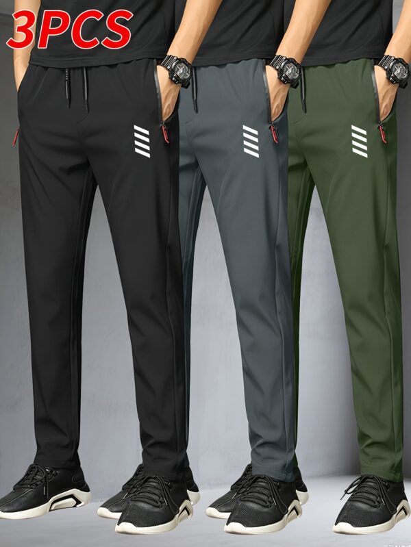 3pcs Men'S Fashion Casual Jogger Pants with Zipper Pockets, Featuring a Stylish Print Design, Made from Breathable And Lightweight Fabric Suitable for Summer Sports And Leisure Wear, a Perfect Gift Choice. Modern Athletic Wear with Practical Pocket Design, Suitable for All Seasons
