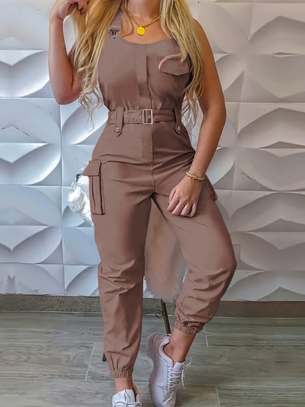 Solid Flap Pocket Cargo Jumpsuit, Casual Sleeveless Belted Flap Detail Jumpsuit, Women's Clothing - Image 8