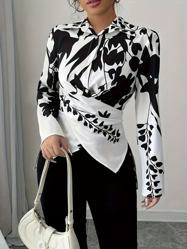 Women's Elegant 3D Floral Print Cross-Tie Blouse - Square Neck Long Sleeve Shirt, Machine Washable Non-See-Through Fabric for Spring Summer Fall, Casual & Formal Wear, Floral Print Blouse, Seasonal Fashion Top, Singlesided Button Closure - Image 6