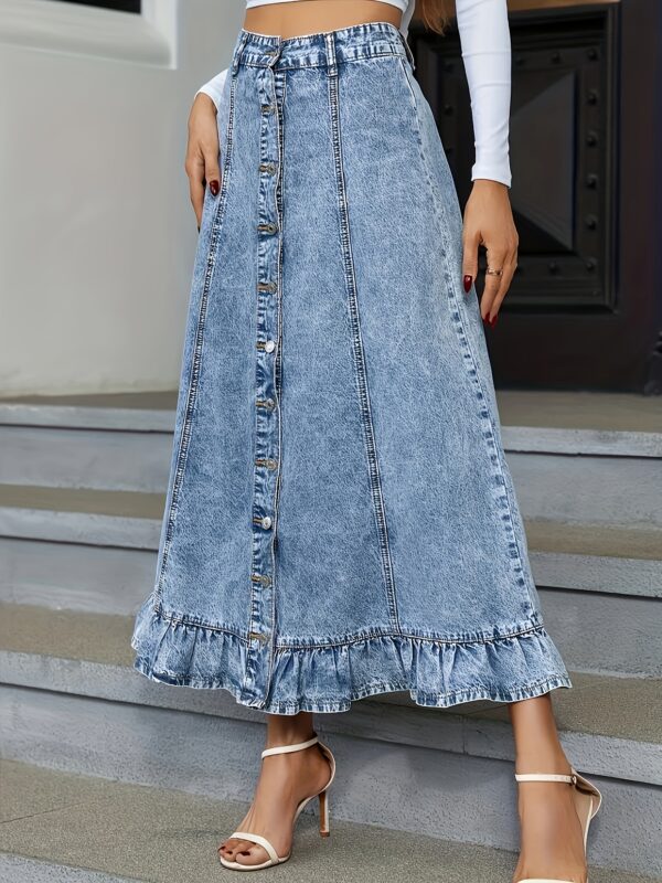 4035 Women's Elegant Pleated Button-Front Wide-Slit High-Waisted Denim Skirt - Machine Washable Summer Casual to Semi-Formal Solid Color Non-Stretch Skirt, Cute Skirts, Casual Attire, Classic Fabric - Image 5