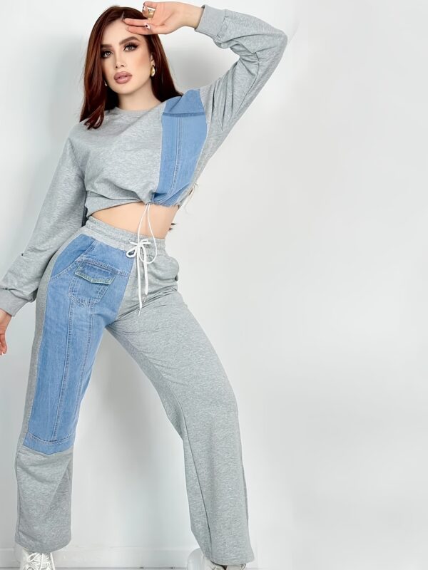 Women'S Casual Patchwork Jumpsuit - Gray & Blue, Long Sleeve, Crew Neck, Pockets, Perfect for Vacation, Outdoor, Home, Dance Party, Holiday Style, Holiday Casual Wear | Trendy Casualwear | Stylish Jumpsuit