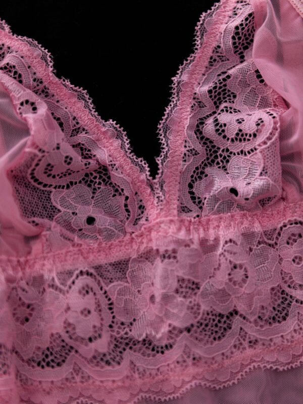 3pcs Lace Mesh Lingerie Set for Women - Sexy Pink Hollow-Out Sheer Sleepwear with Contrast Lace Trim, Knit Fabric, Solid Color, Adult Intimate Apparel - Image 3