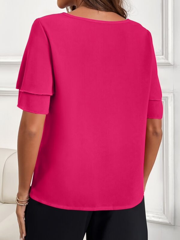 Solid Color Keyhole Blouse, Elegant Crew Neck Short Sleeve Top For Spring & Summer, Women's Clothing - Image 6