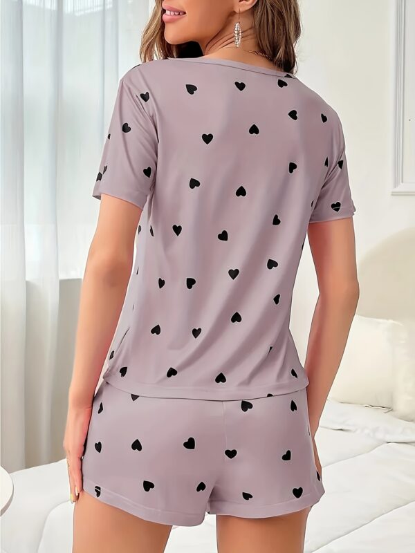 Women'S Elegant Pink Heart-Print Shorts Pajama Set - Polyester Knit Fabric, Short Sleeve Top & Shorts with Elastic Waistband, Perfect for All Seasons, Adult Sleepwear|Elegant Sleepwear|Polyester Fabric - Image 13