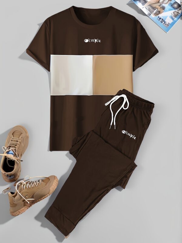 Men'S Casual Color-Blocked Short-Sleeve Round-Neck Loungewear Set with Long Pants - Image 3